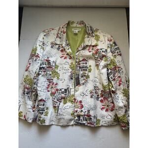 Coldwater Creek linen blend blazer jacket with a cityscape and floral print